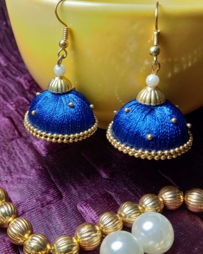 Blue Silk Thread Jhumkas With Double Golden Lace