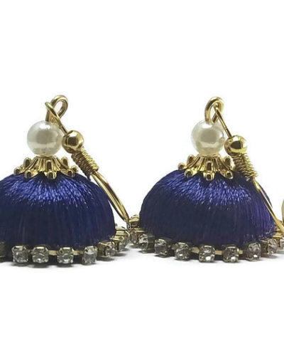 Blue Silk Thread Jhumkas With Stone Lace