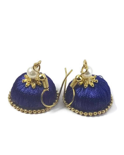 Blue Silk Thread Jhumkas With Golden Lace
