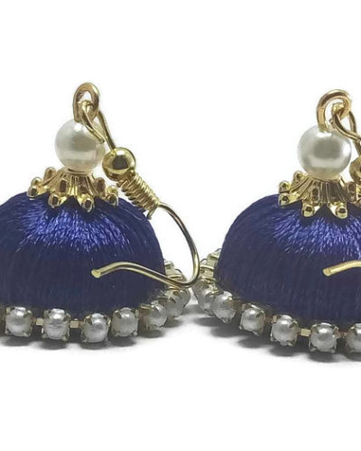 Blue Silk Thread Jhumkas With Stone Lace