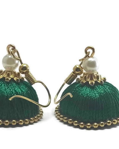 Green Silk Thread Jhumkas With Golden Lace