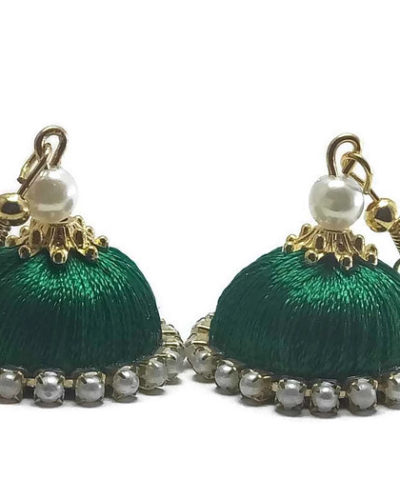 Green Silk Thread Jhumkas With Stone Lace