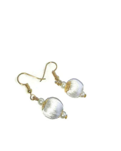 White Silk Thread Oval Jhumka Earrings