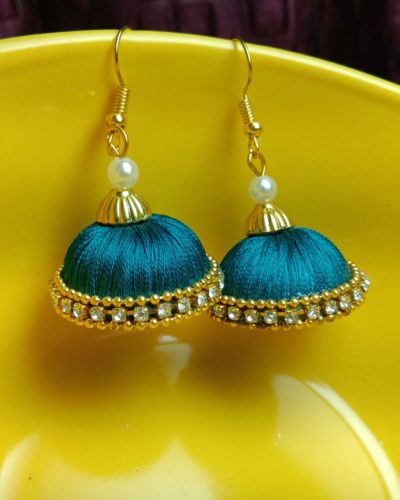 Sky Blue Silk Thread Jhumkas With Double Golden & Stone Lace