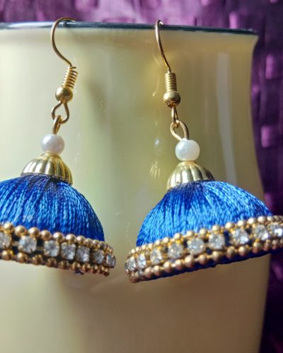 Blue Silk Thread Jhumkas With Double Golden & Stone Lace