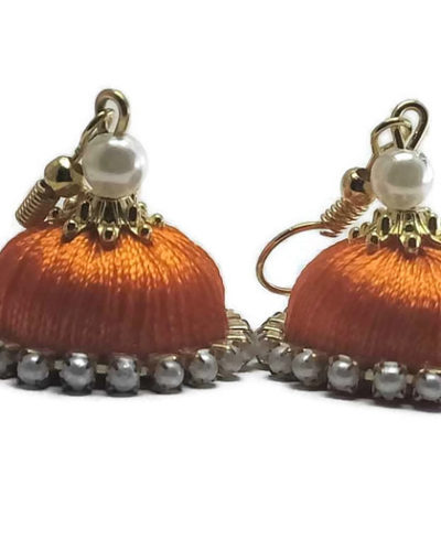 Orange Silk Thread Jhumkas With Stone Lace