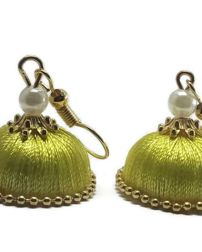 Yellow Silk Thread Jhumkas With Golden Lace