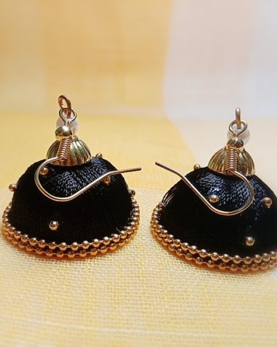 Black Silk Thread Medium Size Jhumkas With Double Golden Lace with Gold dots