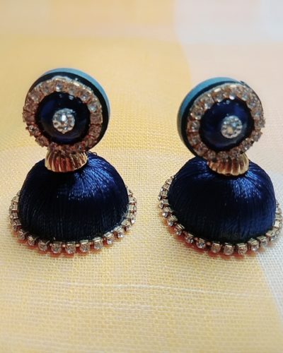 Navy Blue Silk Thread Medium Size Jhumkas With Golden Lace with Blue Stud