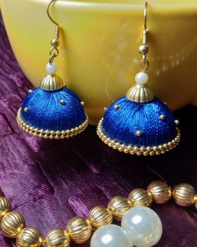 Firozi (Blue) Silk Thread Medium Size Jhumkas With Double Golden Lace with Gold dots
