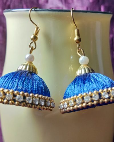 Firozi (Blue) Silk Thread Medium Size Jhumkas With Diamond Lace & Double Golden Lace
