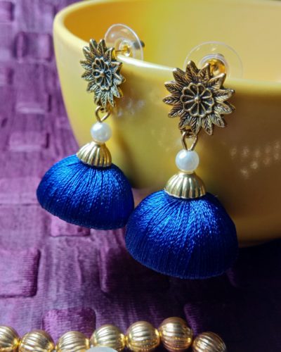 Firozi (Blue) Silk Thread Medium Size Jhumkas With Metal Flower Golden Stud