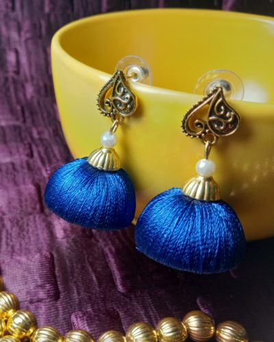 Firozi (Blue) Silk Thread Medium Size Jhumkas With Metal Heart Shape Brass Stud