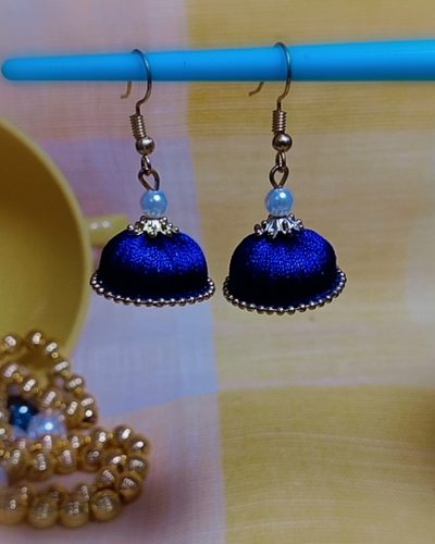 Navy Blue Silk Thread Small Size Jhumkas With Golden Lace