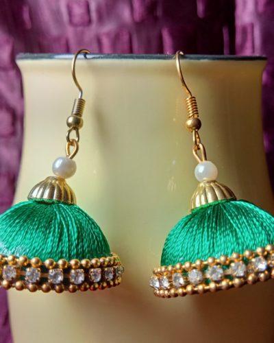 Green Silk Thread Medium Size Jhumkas With Diamond Lace & Double Golden Lace