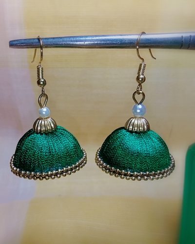 Green Silk Thread Medium Size Jhumkas With Double Golden Lace