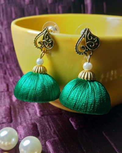 Green Silk Thread Medium Size Jhumkas With Metal Heart Shape Brass Stud