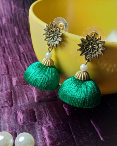 Green Silk Thread Medium Size Jhumkas With Metal Flower Golden Stud