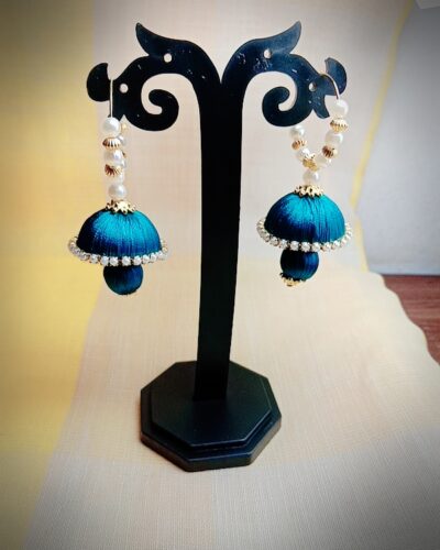 Peacock Green Ring with Silk Thread Medium Size Jhumkas and Kundal Dangle