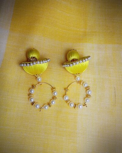 Yellow Ring with Silk Thread Medium Size Jhumkas and Kundal Dangle