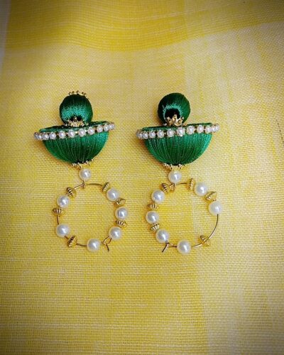 Green Ring with Silk Thread Medium Size Jhumkas and Kundal Dangle