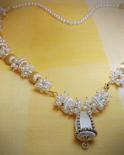 White Silk Thread Loreal Necklace with Cone Shape Jhumka with Pearl Loreal Bunch and Pearl Lace