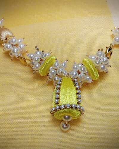 Yellow Silk Thread Loreal Necklace with Cone Shape Jhumka with Pearl Loreal Bunch and Pearl Lace