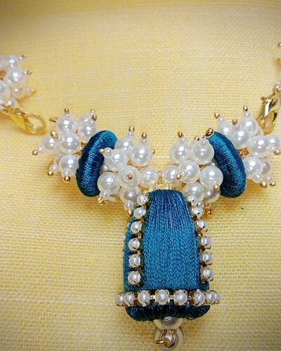 Peacock Green Silk Thread Loreal Necklace with Cone Shape Jhumka with Pearl Loreal Bunch and Pearl Lace