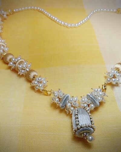 Grey Silk Thread Loreal Necklace with Cone Shape Jhumka with Pearl Loreal Bunch and Pearl Lace