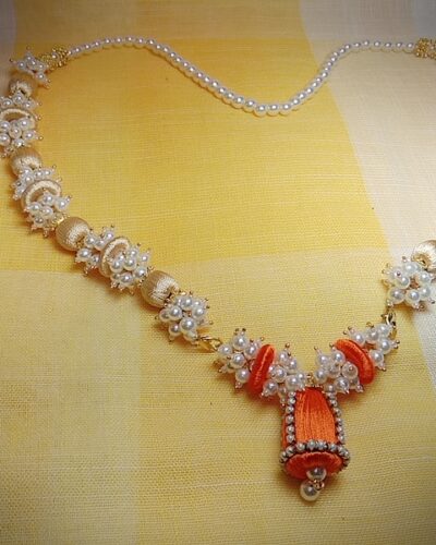 Orange Silk Thread Loreal Necklace with Cone Shape Jhumka with Pearl Loreal Bunch and Pearl Lace