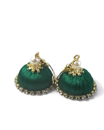 Green Silk Thread Small Size Jhumkas with Diamond Lace