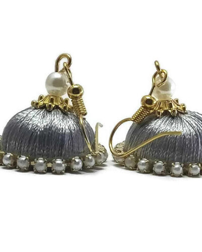 Grey Silk Thread Small Size Jhumkas Pearl Lace