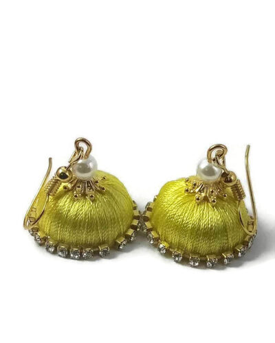 Yellow Silk Thread Small Size Jhumkas with Diamond Lace
