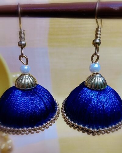 Blue Silk Thread Medium Size Jhumkas With Double Golden Lace