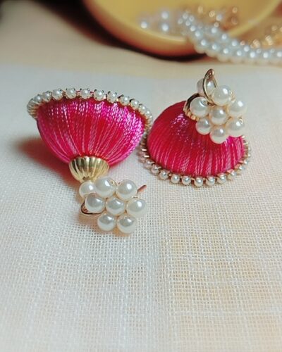 Pink Silk Thread Medium Size Jhumkas With Kudi Stud