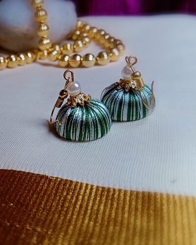 Green and White Silk Thread Small Size Jhumkas