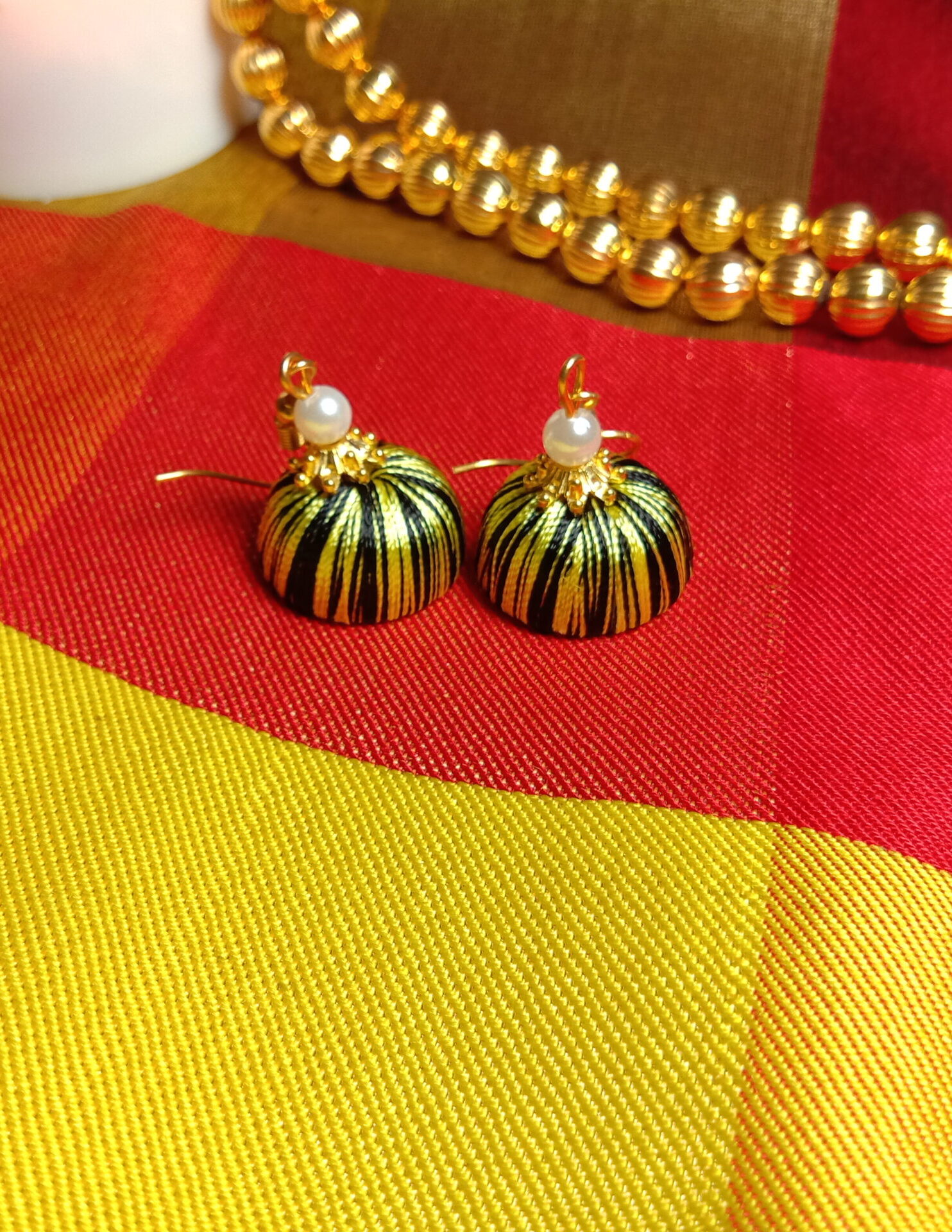 Light Yellow and Black Silk Thread Small Size Jhumkas