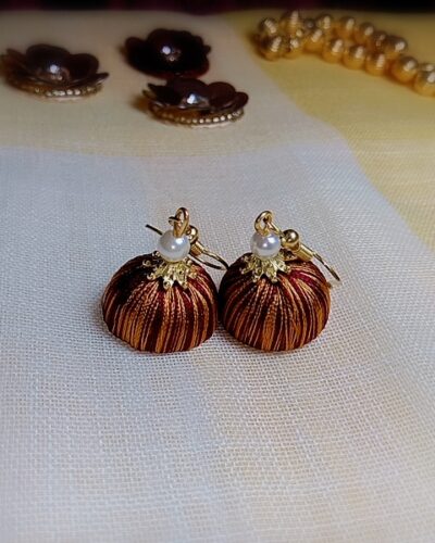 Dark Golden and Maroon Silk Thread Small Size Jhumkas