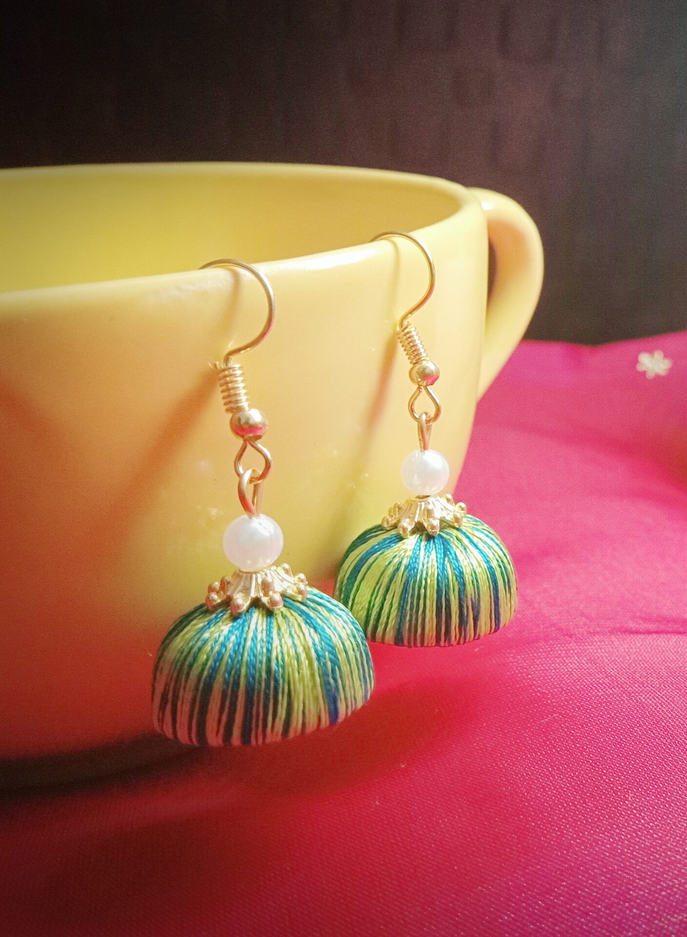 Peacock Green and Lime (Light Green) Silk Thread Small Size Jhumkas
