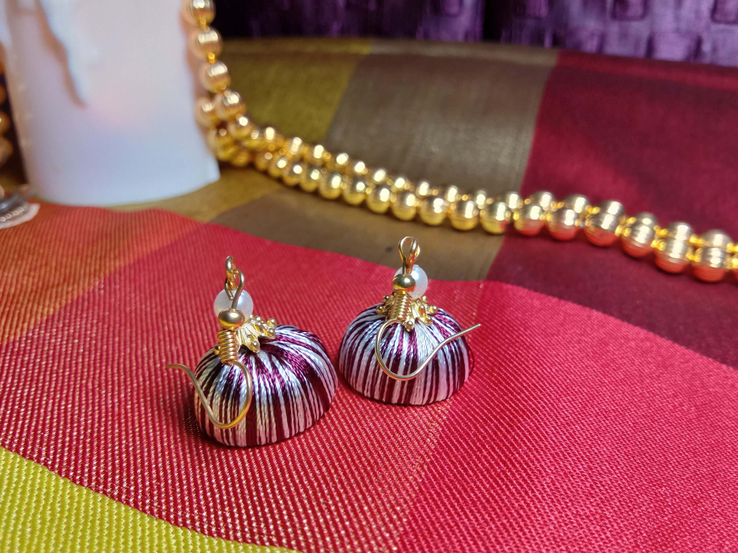 Dark Maroon and White Silk Thread Small Size Jhumkas