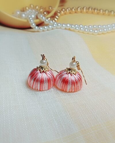 Peach and White Silk Thread Small Size Jhumkas