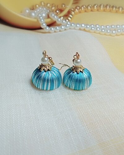 Sky Blue and White Silk Thread Small Size Jhumkas