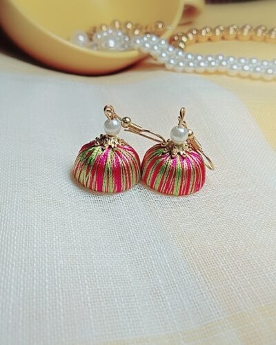Pink and Lime (Light Green) Silk Thread Small Size Jhumkas