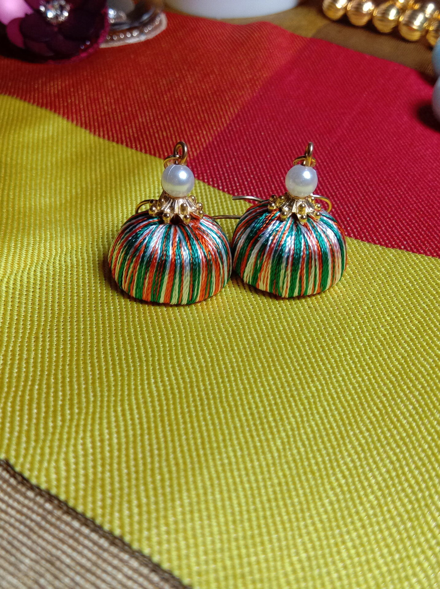 Tiranga (Orange, White, Green)(Flag Colour) Silk Thread Small Size Jhumkas with acrylic cap
