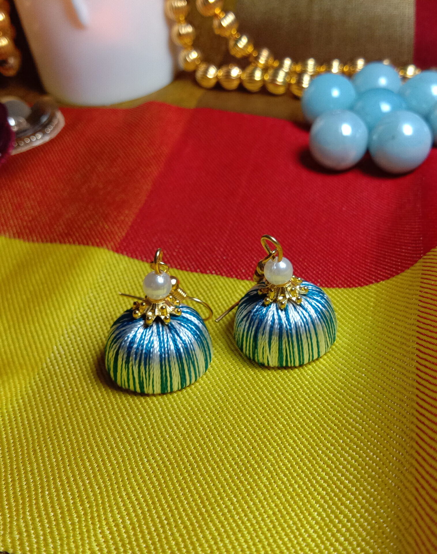 Firozi and White Silk Thread Small Size Jhumkas with acrylic cap