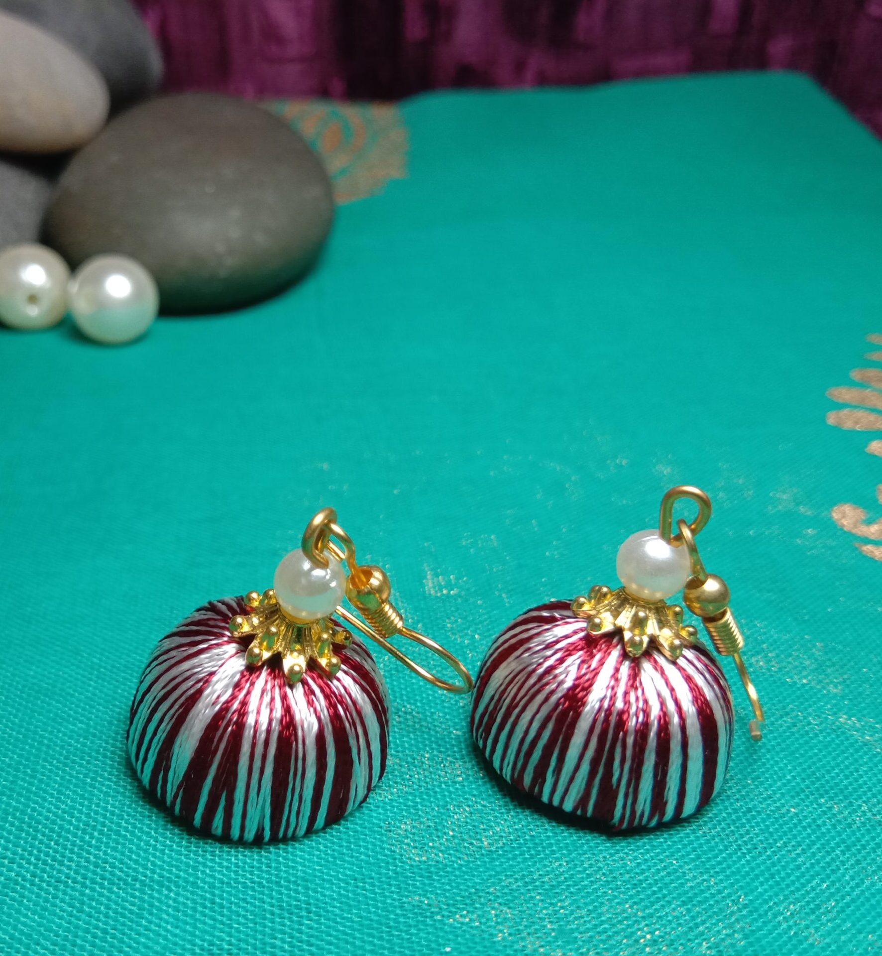 Maroon and White Silk Thread Small Size Jhumkas with acrylic cap