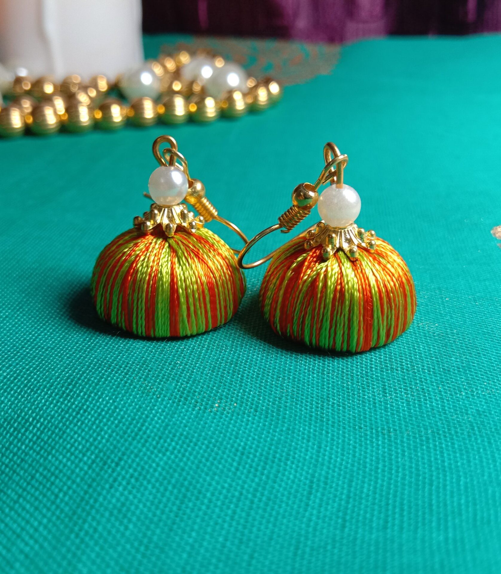 Orange and Light Green Silk Thread Small Size Jhumkas with acrylic cap