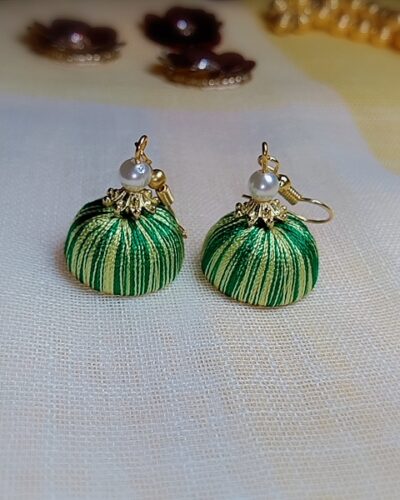 Green and Light Green Silk Thread Small Size Jhumkas with acrylic cap