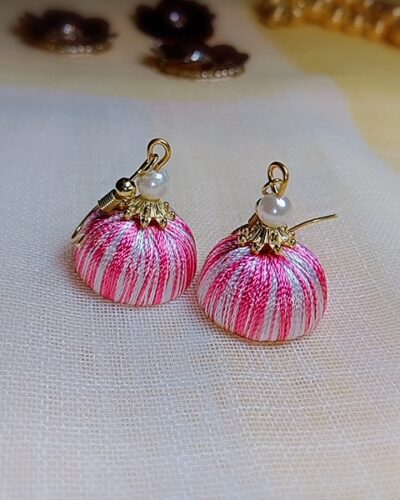 Pink and White Silk Thread Small Size Jhumkas with acrylic cap