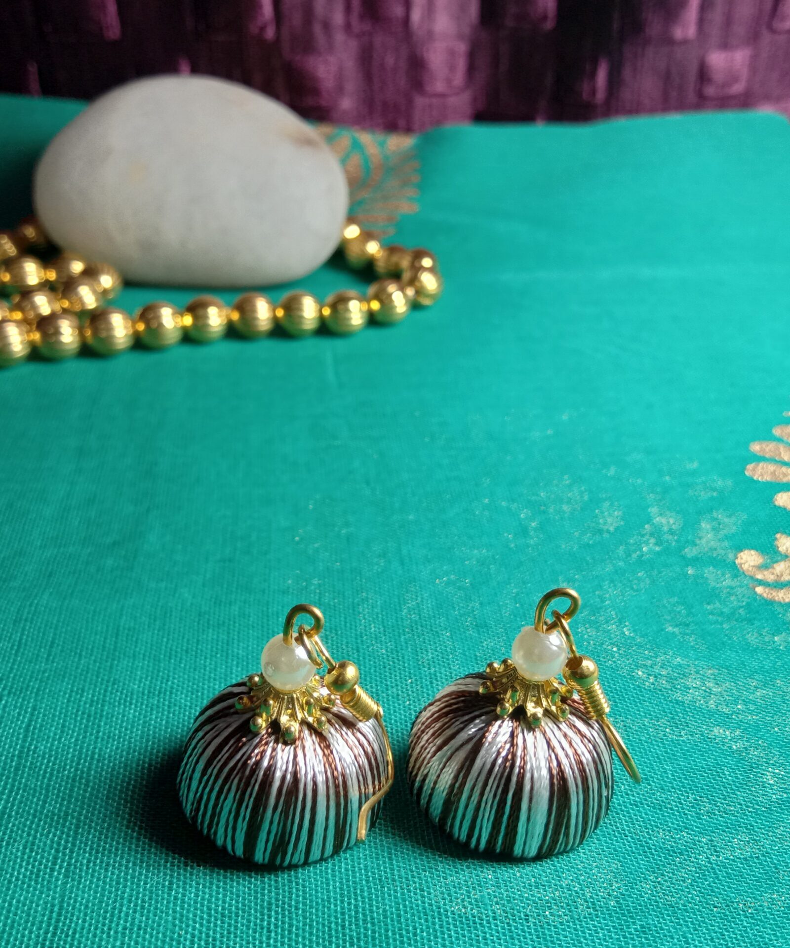 Brown and White Silk Thread Small Size Jhumkas with acrylic cap